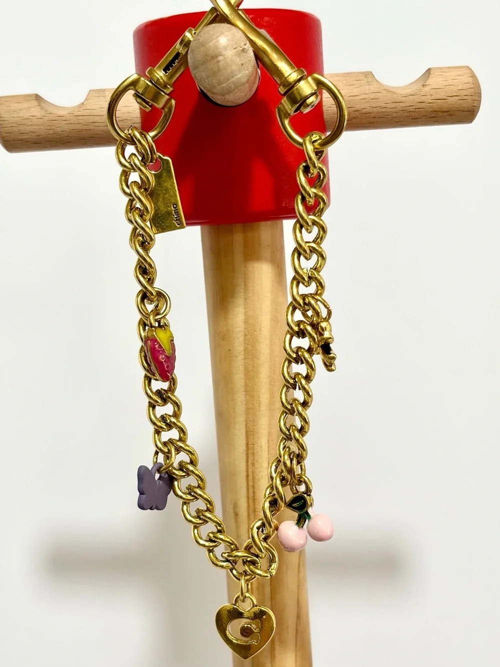 Charming Gold-Tone Swag Bag Chain with Pink Cherry and Multicolor Charms